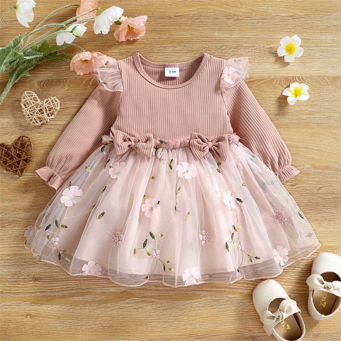 Pink Ribbed Bowknot Floral Mesh Dress for Newborns