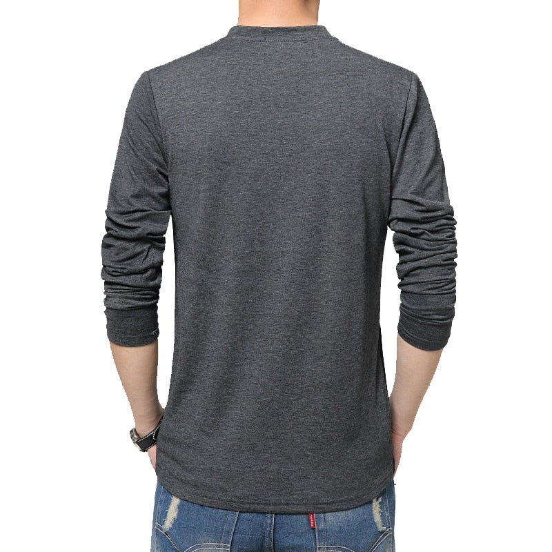 BROWON Autumn Elegance: Men's V-Neck Patchwork Cotton T-Shirts