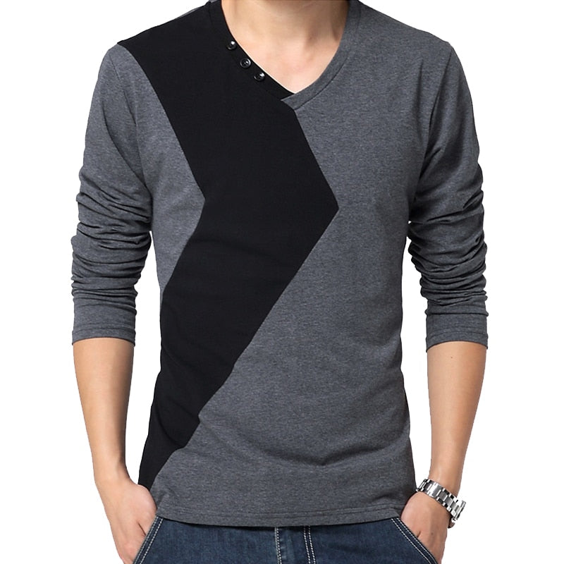 BROWON Autumn Elegance: Men's V-Neck Patchwork Cotton T-Shirts