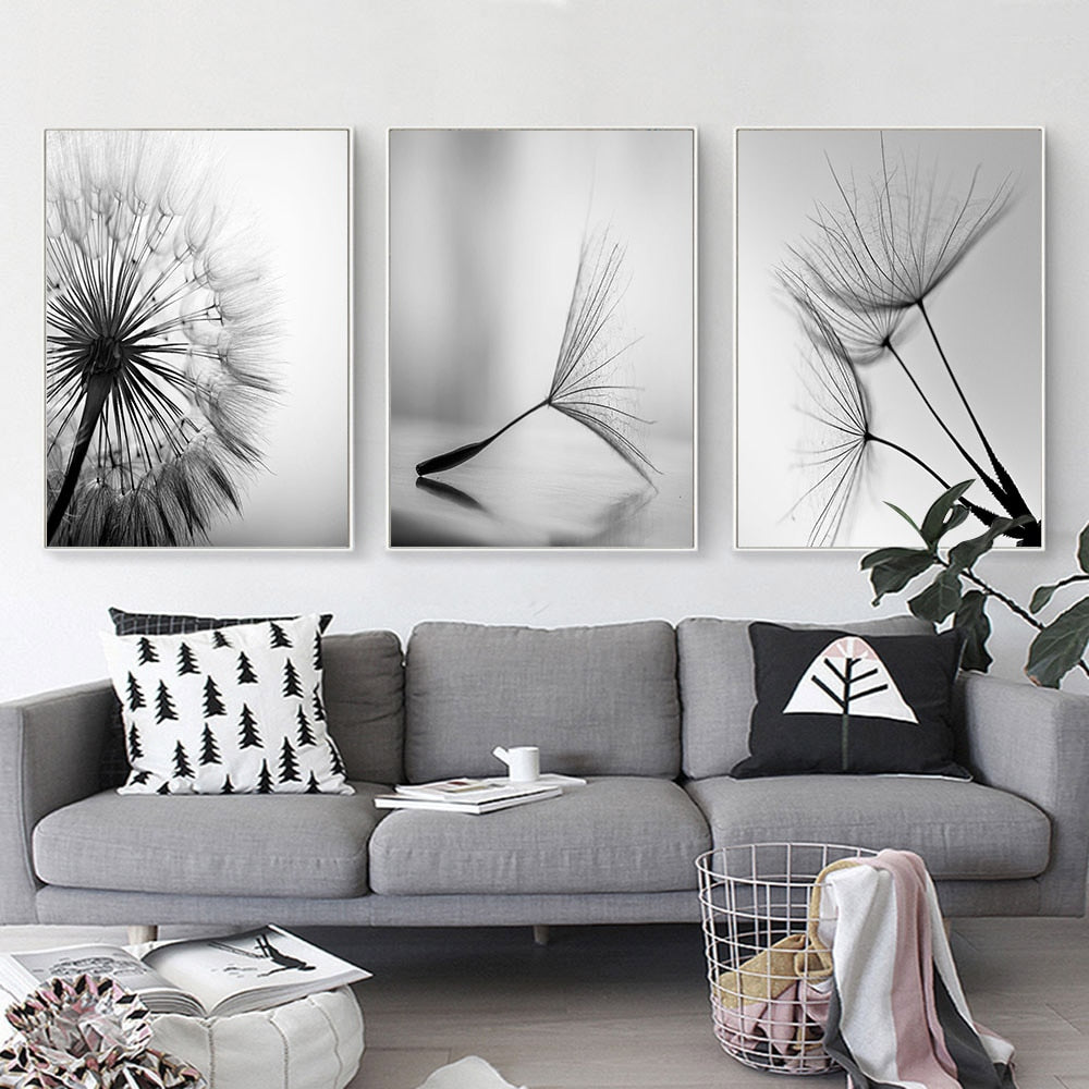 Black & White Dandelion Canvas Poster: Nordic Elegance Meets Nature