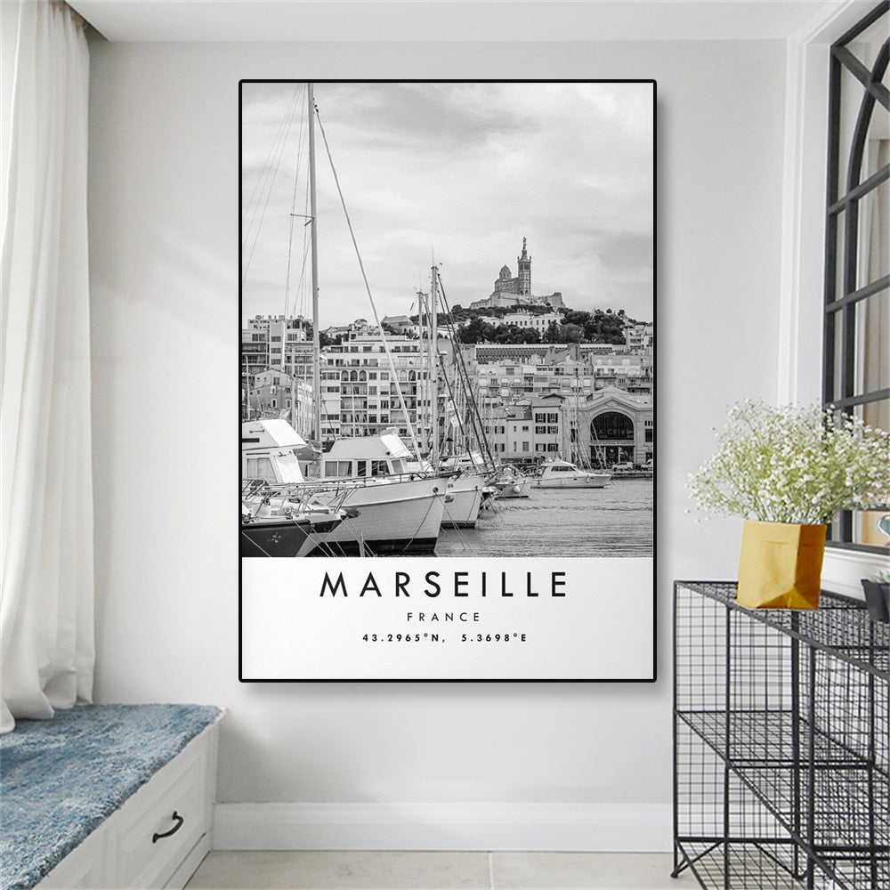 Modern City Marseille Travel Print France Poster Black White Canvas Painting Unique Wall Art Coordinates Minimalist Home Decor