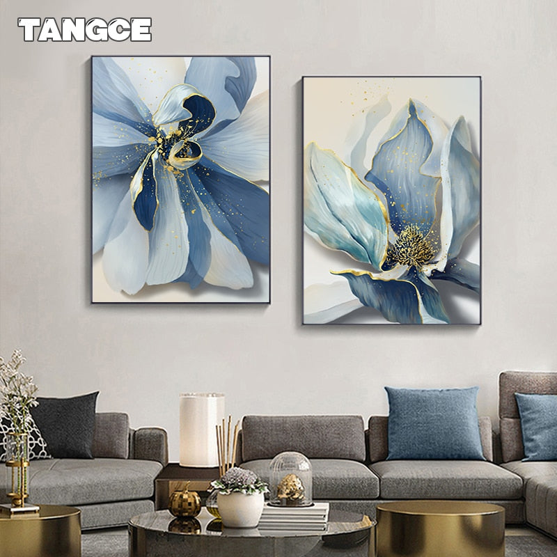 Abstract Blue Flower Painting: Luxury Gold Foil Wall Art