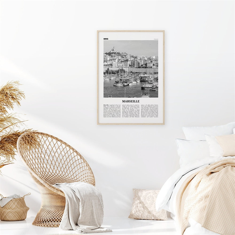 Modern City Marseille Travel Print France Poster Black White Canvas Painting Unique Wall Art Coordinates Minimalist Home Decor