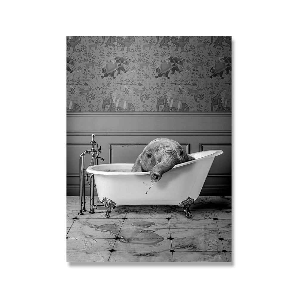 Animal in Bathtub Poster Print Giraffe Camel Elephant Panda Bath Canvas Painting Nursery Wall Art Pictures Kid Room Home Decor