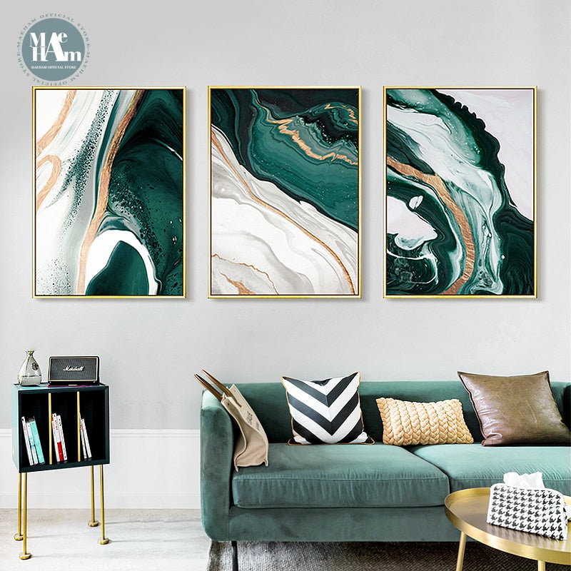 "Emerald Lines" - Modern Abstract Gold Foil and Green Canvas Art