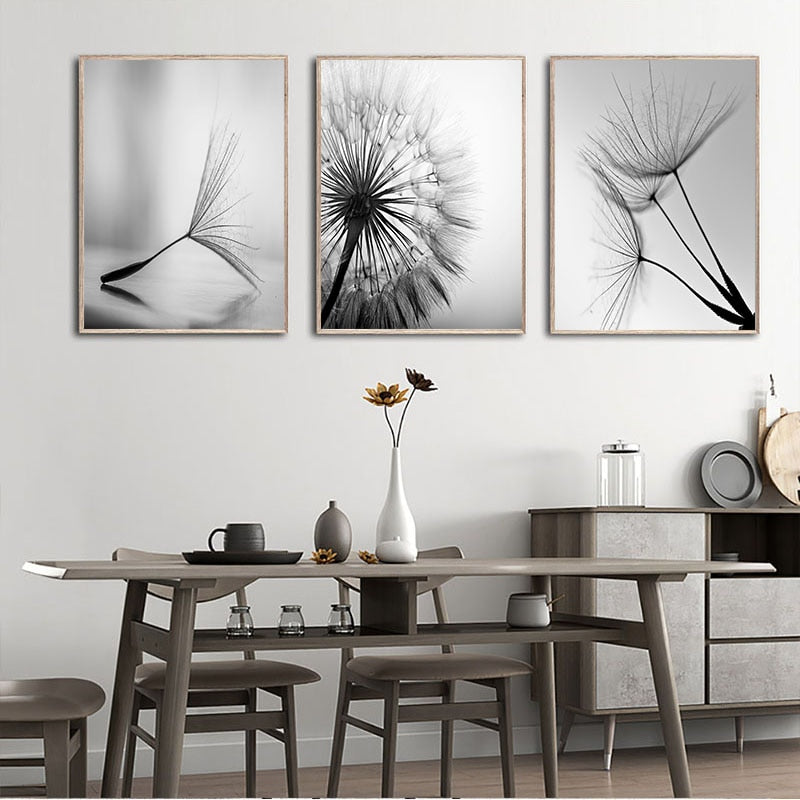 Black & White Dandelion Canvas Poster: Nordic Elegance Meets Nature