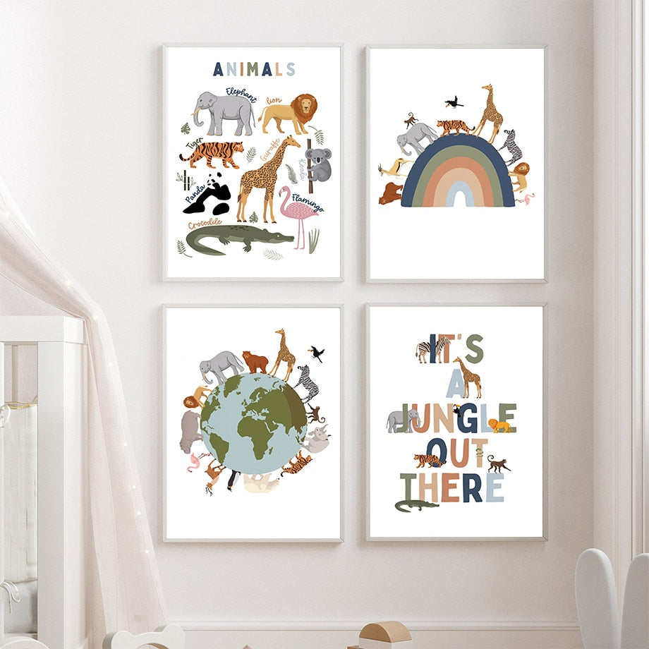 Animals World Earth Rainbow Grow Quotes Wall Art Canvas Painting Nordic Posters And Prints Nursery Wall Pictures Kids Room Decor