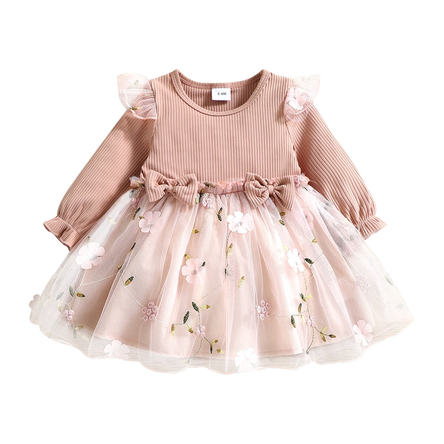 Pink Ribbed Bowknot Floral Mesh Dress for Newborns