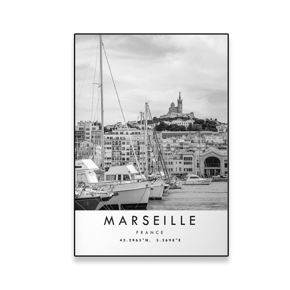 Modern City Marseille Travel Print France Poster Black White Canvas Painting Unique Wall Art Coordinates Minimalist Home Decor