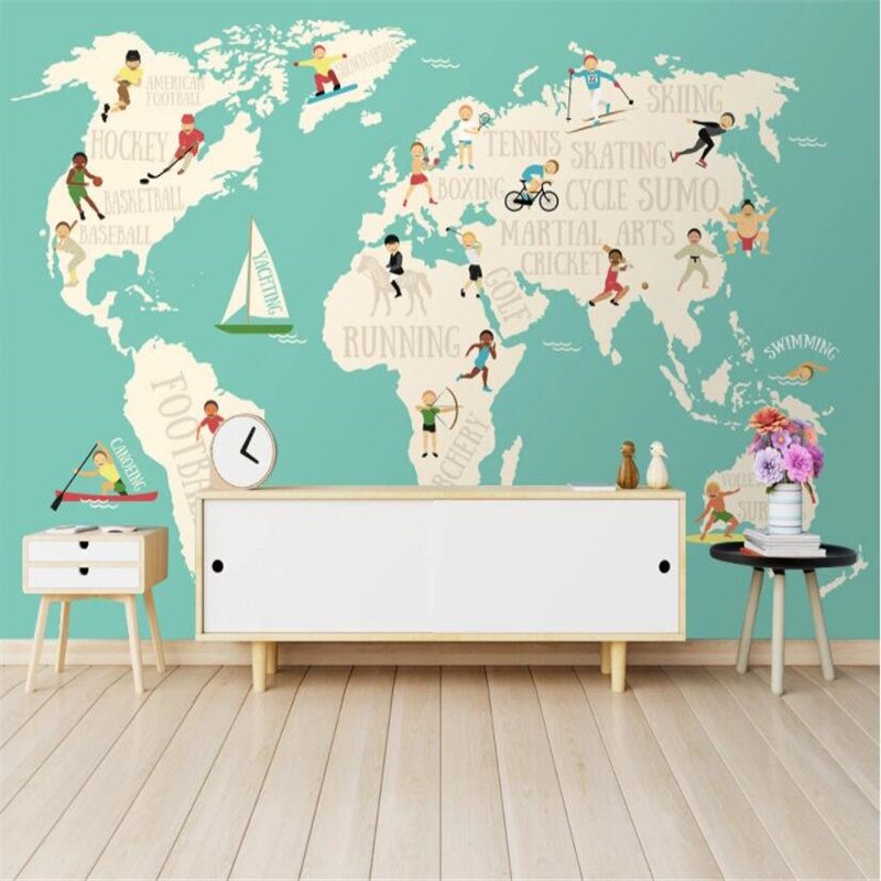 Nordic Modern Fresh Cartoon Sports World Map Background Mural Wallpaper for Kids Room Custom Children's Room Decor Wall Paper 3D