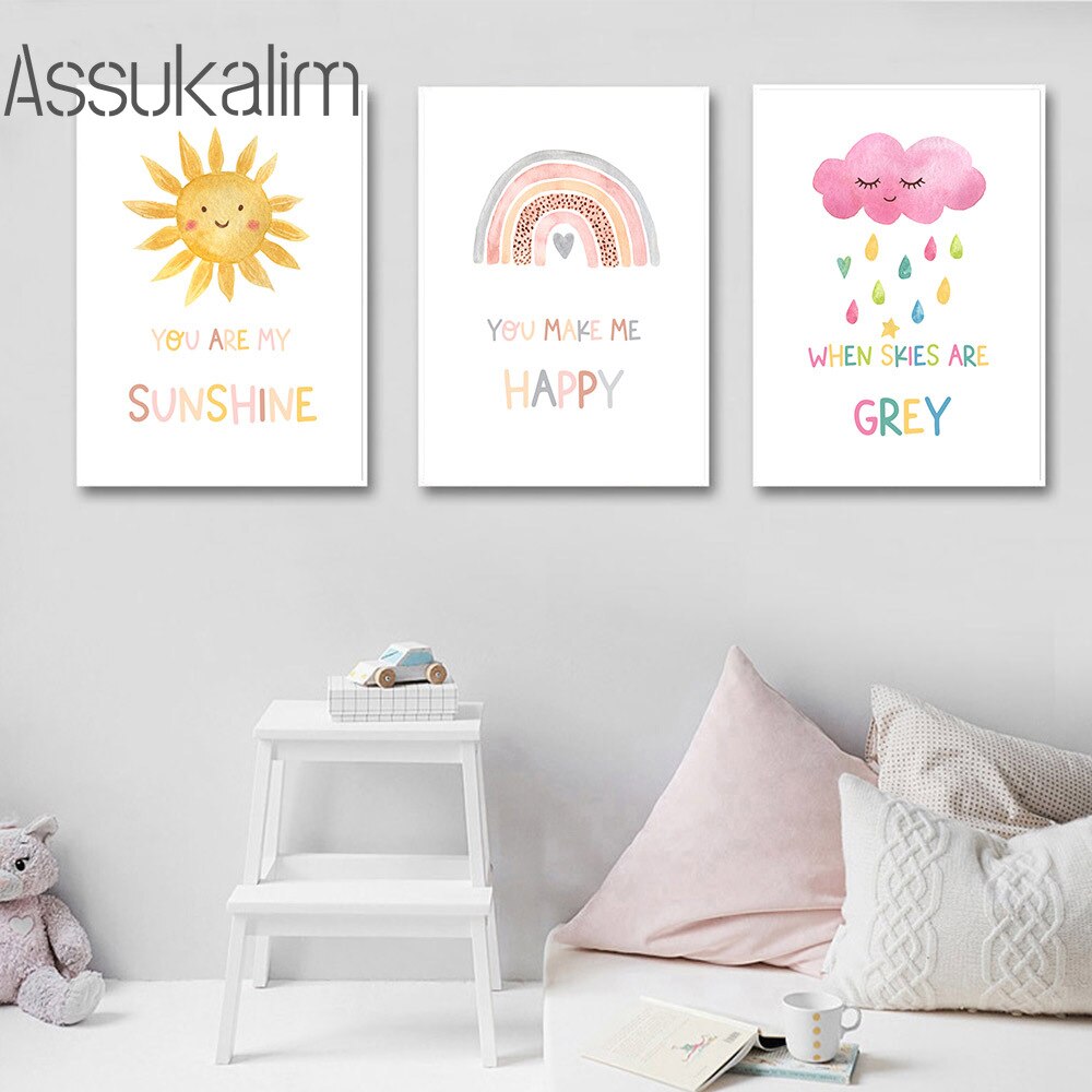 Sunshine Wall Art Rainbow Painting Poster Colored Clouds Print Pictures Nursery Poster Sun Wall Poster Baby Girl Room Decor