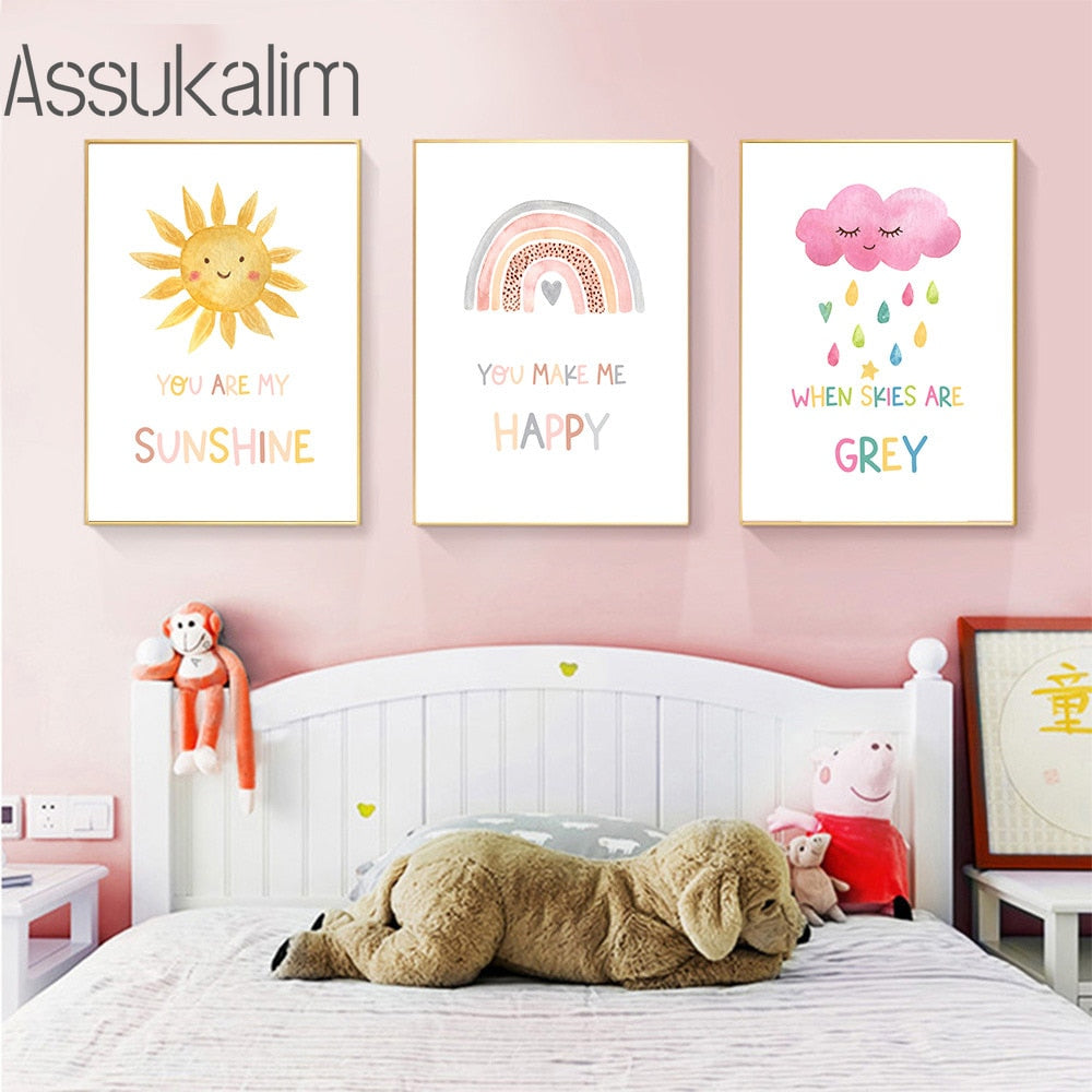 Sunshine Wall Art Rainbow Painting Poster Colored Clouds Print Pictures Nursery Poster Sun Wall Poster Baby Girl Room Decor