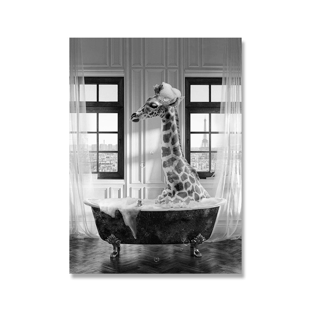 Animal in Bathtub Poster Print Giraffe Camel Elephant Panda Bath Canvas Painting Nursery Wall Art Pictures Kid Room Home Decor