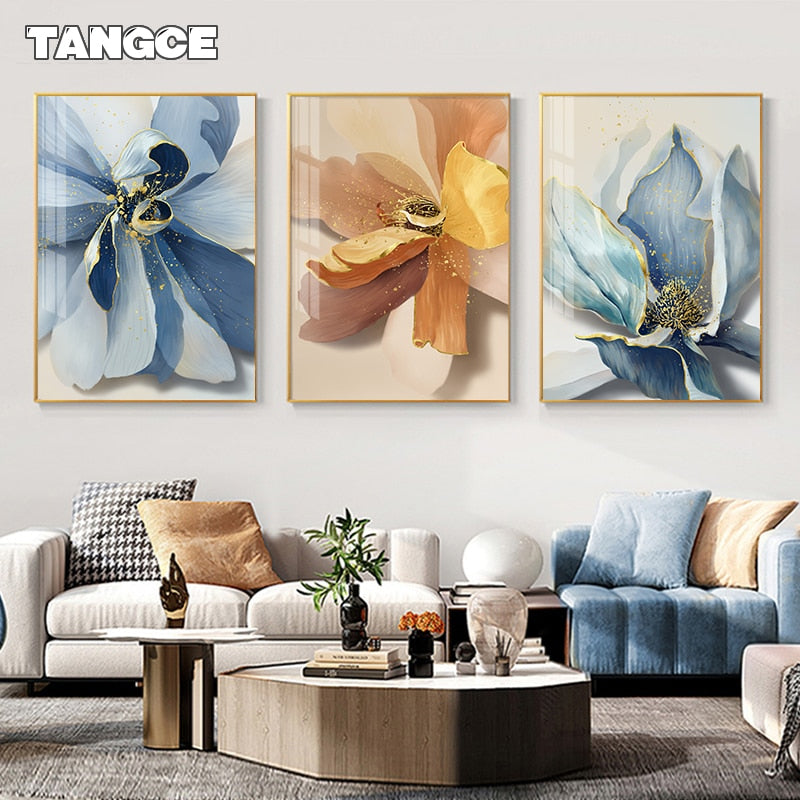 Abstract Blue Flower Painting: Luxury Gold Foil Wall Art