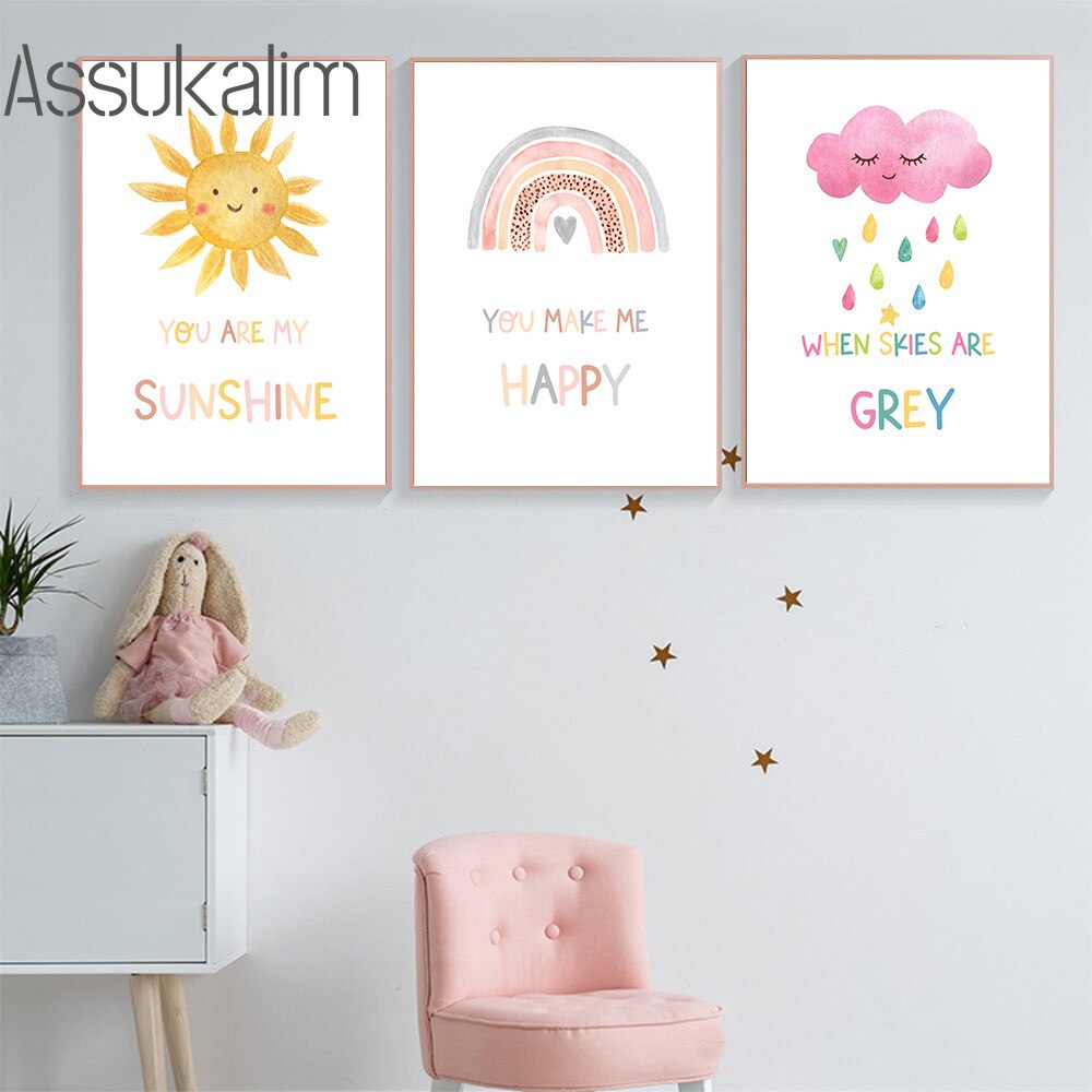 Sunshine Wall Art Rainbow Painting Poster Colored Clouds Print Pictures Nursery Poster Sun Wall Poster Baby Girl Room Decor