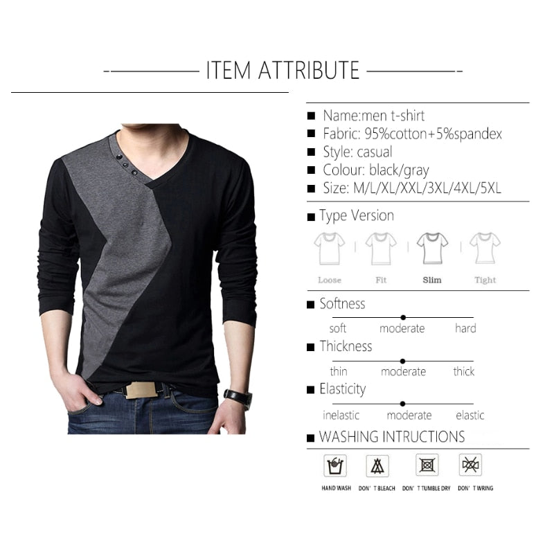 BROWON Autumn Elegance: Men's V-Neck Patchwork Cotton T-Shirts