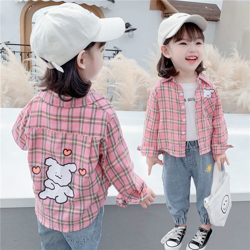 Spring Charm: Toddler & Infant Plaid Cartoon Blouses for Girls