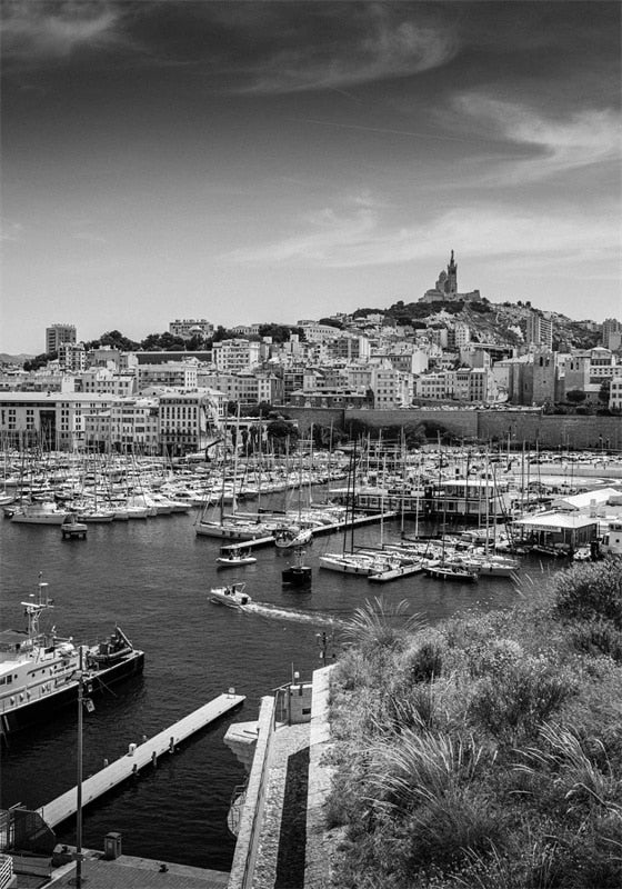 Modern City Marseille Travel Print France Poster Black White Canvas Painting Unique Wall Art Coordinates Minimalist Home Decor