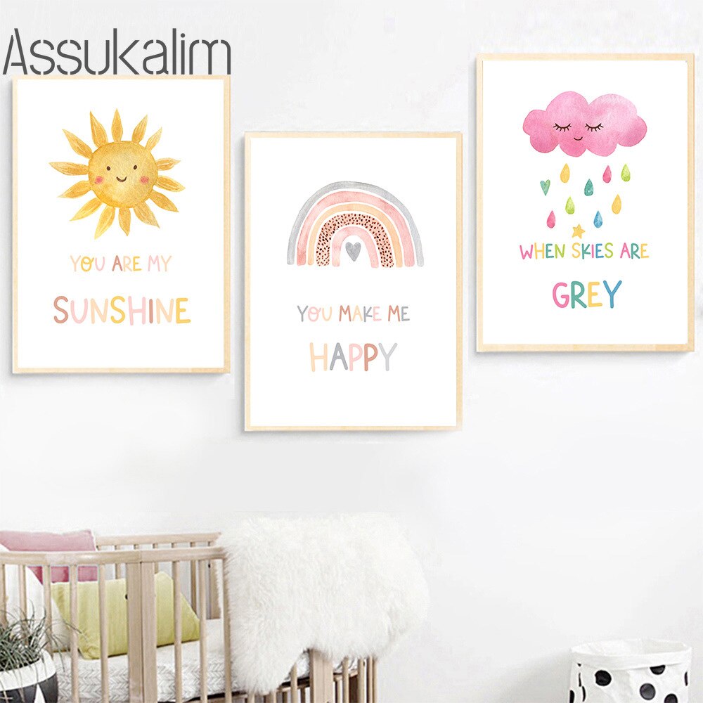 Sunshine Wall Art Rainbow Painting Poster Colored Clouds Print Pictures Nursery Poster Sun Wall Poster Baby Girl Room Decor