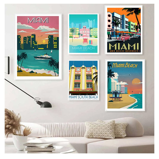 Vintage Wall Kraft Posters Coated Wall Stickers Home Decor Pictures Vintage Florida Miami Beach America Travel Canvas Paintings