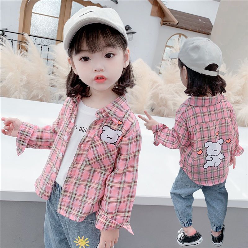 Spring Charm: Toddler & Infant Plaid Cartoon Blouses for Girls