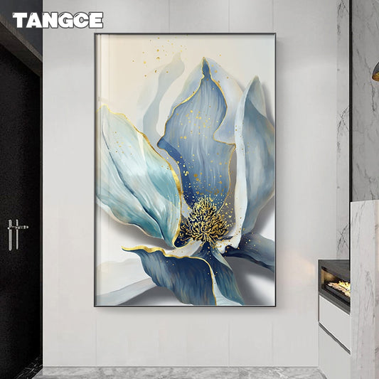 Abstract Blue Flower Painting: Luxury Gold Foil Wall Art