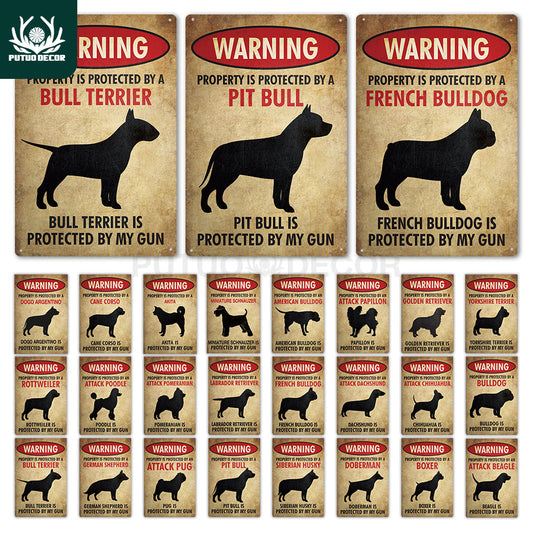 Putuo Decor Dog Warning Vintage Tin Sign Metal Sign Lover Protected Pet Sign Wall Decor Farm Home Kennel Doghouse Decoration