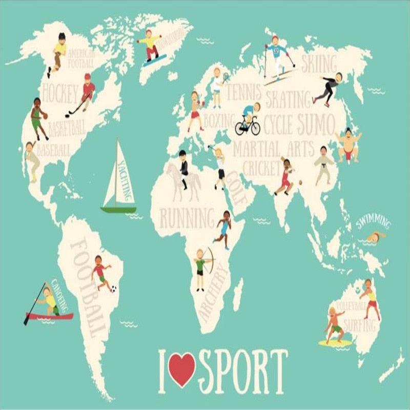 Nordic Modern Fresh Cartoon Sports World Map Background Mural Wallpaper for Kids Room Custom Children's Room Decor Wall Paper 3D