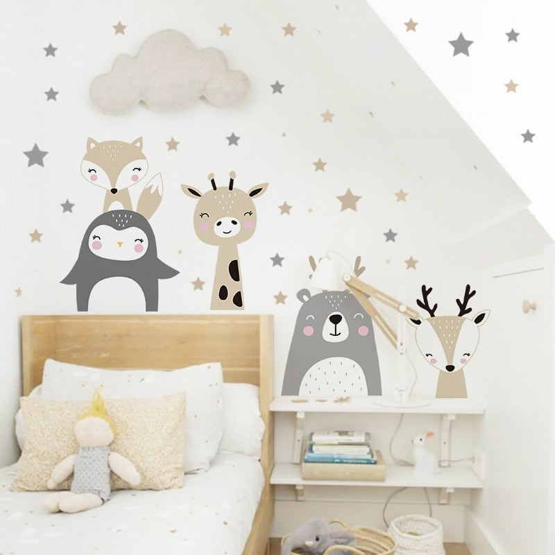 Cartoon Animal Wall Sticker for Kids Room Baby Nursery Interior Wall Decor Sticker Wallpaper Children's Bedroom Wall Decals