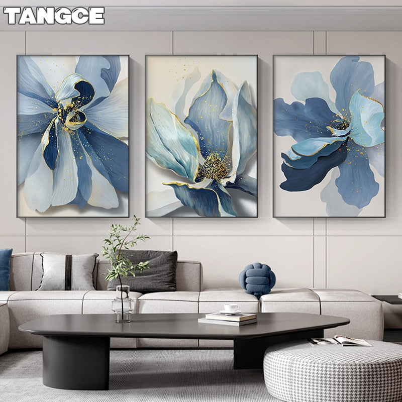 Abstract Blue Flower Painting: Luxury Gold Foil Wall Art