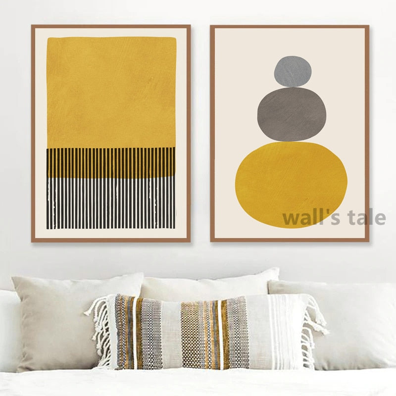 Original Minimalist Abstract Painting Posters and Prints Wall Picture Mustard &amp; Gray Wall Art Canvas Print for Living Room Decor