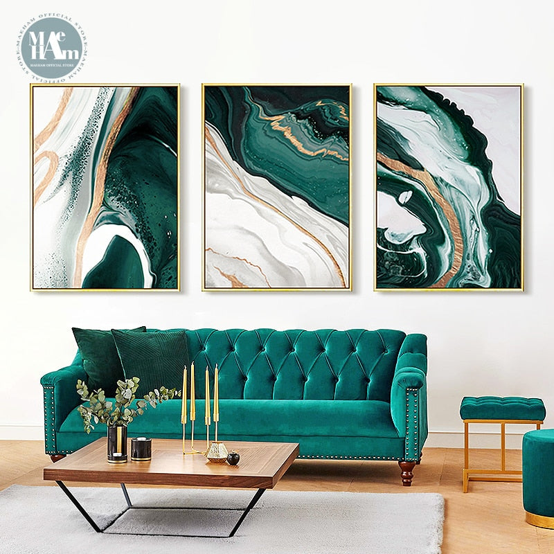 "Emerald Lines" - Modern Abstract Gold Foil and Green Canvas Art