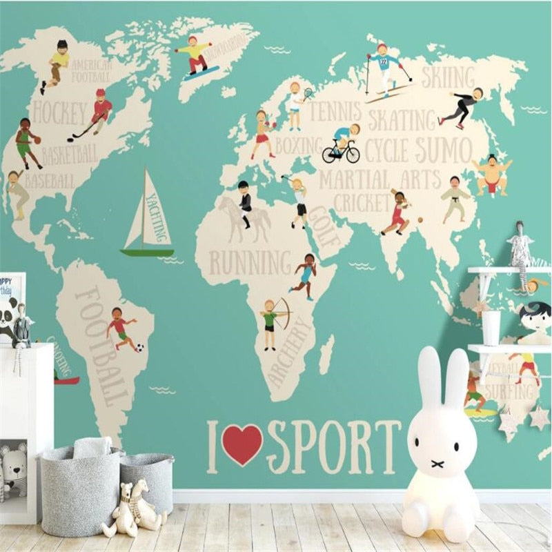 Nordic Modern Fresh Cartoon Sports World Map Background Mural Wallpaper for Kids Room Custom Children's Room Decor Wall Paper 3D