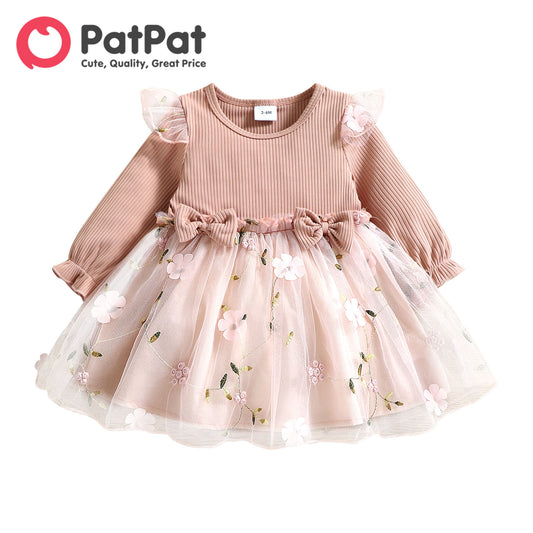 Pink Ribbed Bowknot Floral Mesh Dress for Newborns