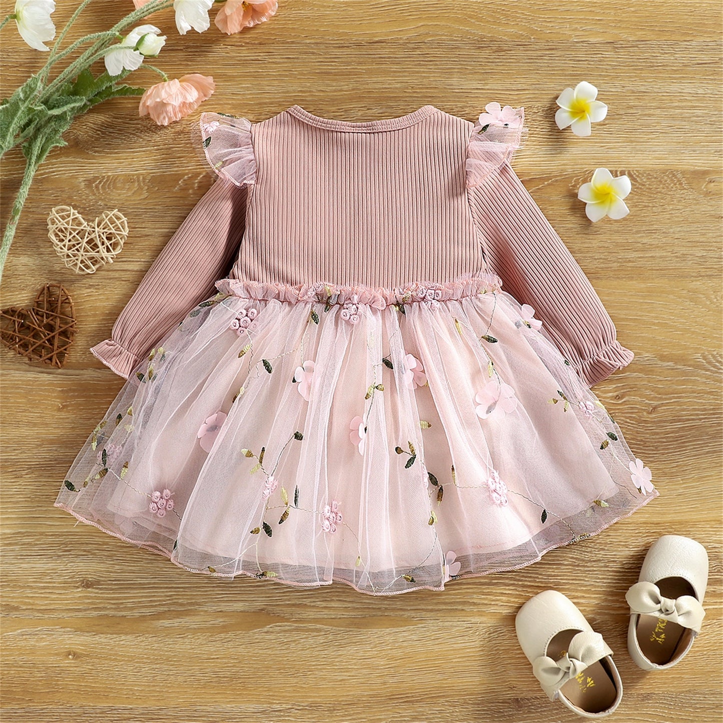 Pink Ribbed Bowknot Floral Mesh Dress for Newborns