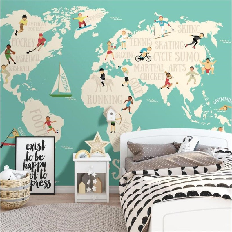 Nordic Modern Fresh Cartoon Sports World Map Background Mural Wallpaper for Kids Room Custom Children's Room Decor Wall Paper 3D