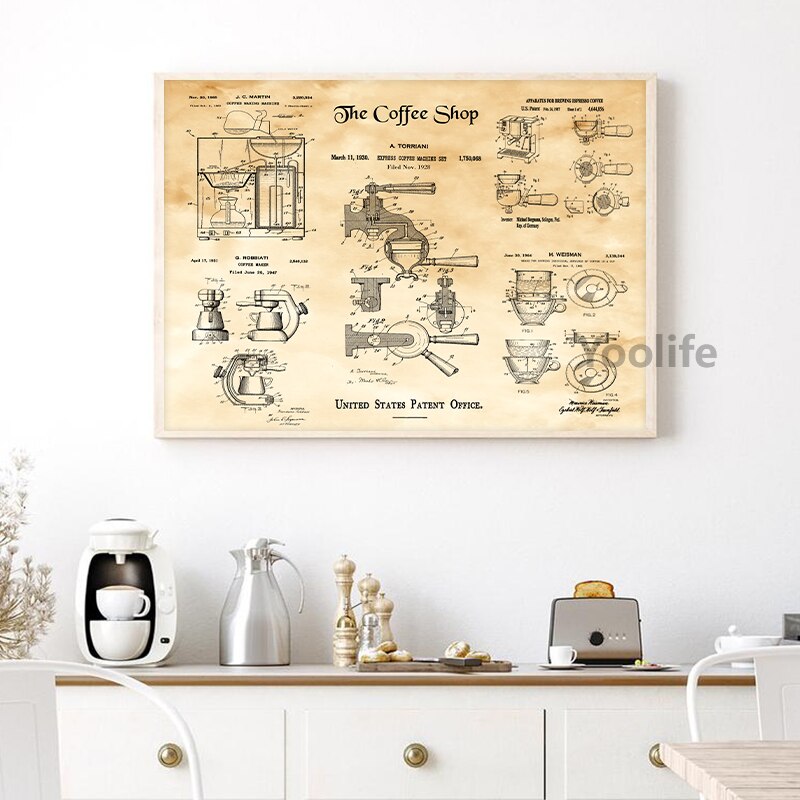 Coffee Pot Patent Posters and Prints Bialetti Moka Poster Coffee Blueprint Art Picture Canvas Painting Kitchen Wall Art Decor