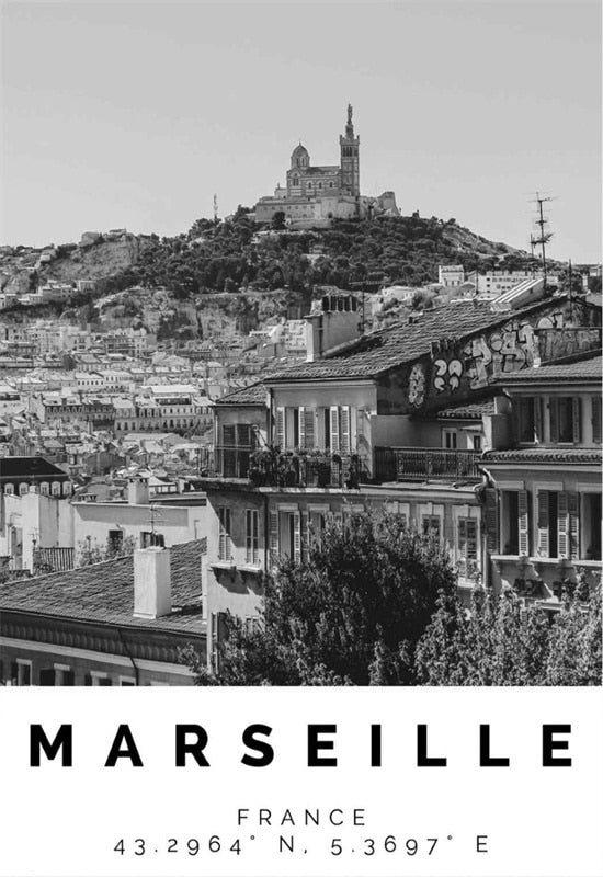 Modern City Marseille Travel Print France Poster Black White Canvas Painting Unique Wall Art Coordinates Minimalist Home Decor