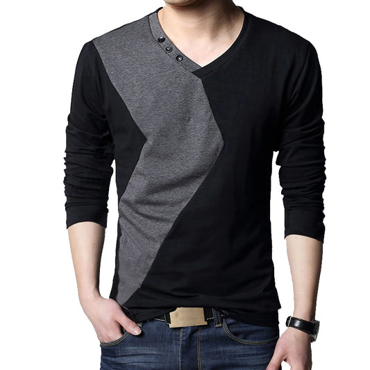 BROWON Autumn Elegance: Men's V-Neck Patchwork Cotton T-Shirts