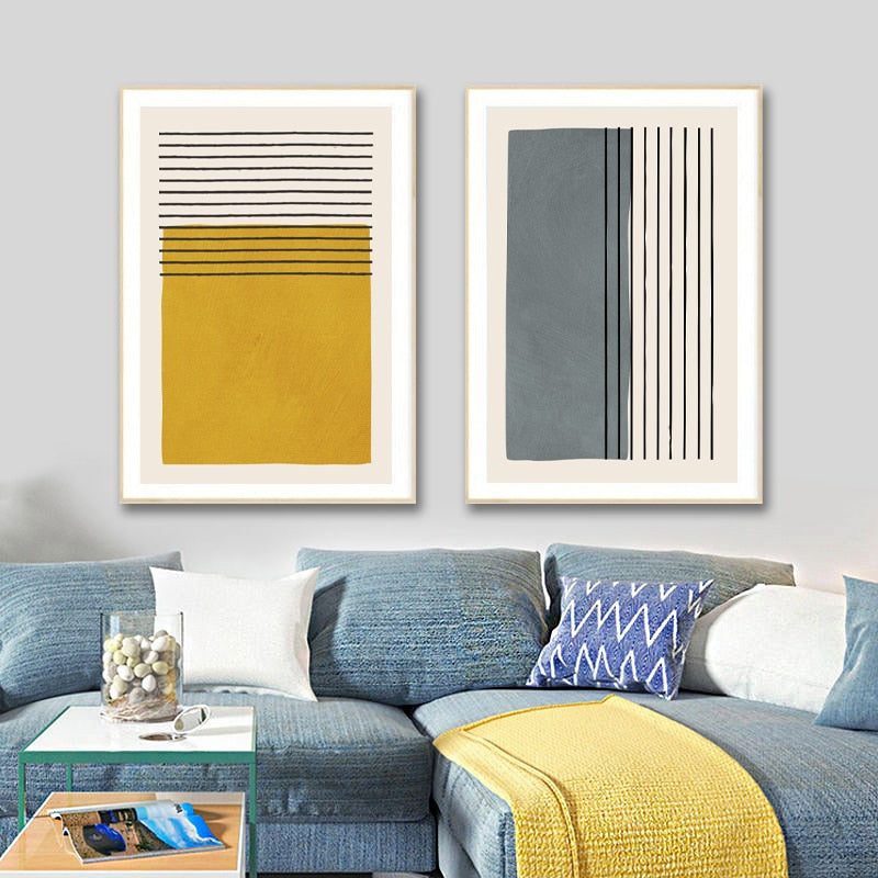 Original Minimalist Abstract Painting Posters and Prints Wall Picture Mustard &amp; Gray Wall Art Canvas Print for Living Room Decor