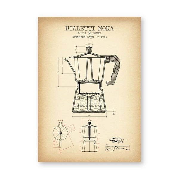 Coffee Pot Patent Posters and Prints Bialetti Moka Poster Coffee Blueprint Art Picture Canvas Painting Kitchen Wall Art Decor