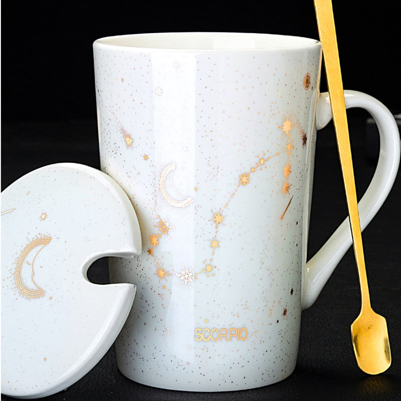 12 Constellations Creative Mugs With Golden Spoon and Lid in White, Dark Blue and Black 420 ml