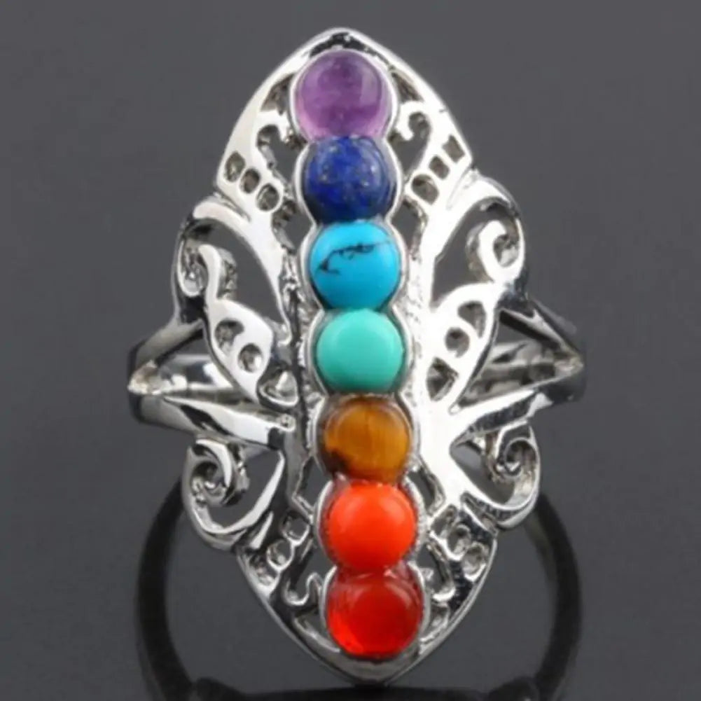 Chakra Healing Ring With Silver Plating and Seven Natural Stones